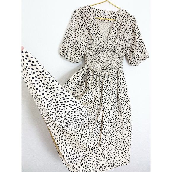AYR The Extra Extra Smocked Midi Dress Size Medium Spot Animal Print Puff Sleeve - Picture 11 of 14